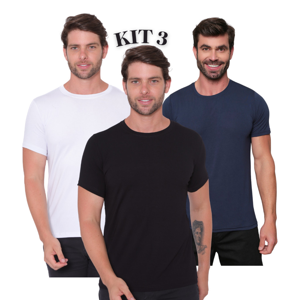 Kit 3 Camisa Básica lisa Manga Curta Malha Fria 4% Elastano