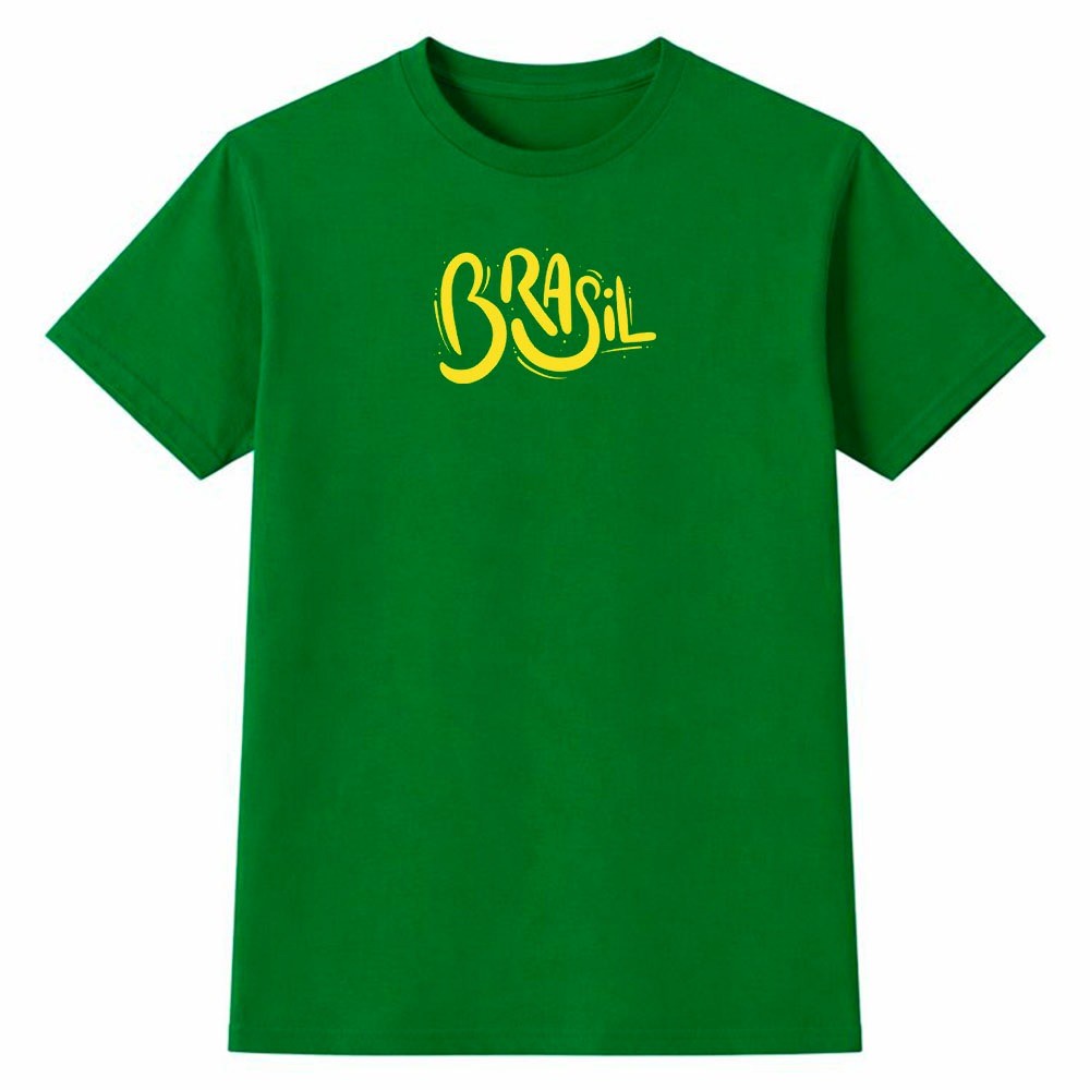 Camiseta Masculina 100% Algodão Camisa Brasil Tipografia Cursiva Futebol Copa do Mundo Casual