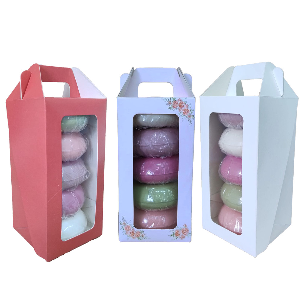 Maleta Presente para 5 Sabonetes | Creme com Visor - tam 7,5x7,5x14,7 cm