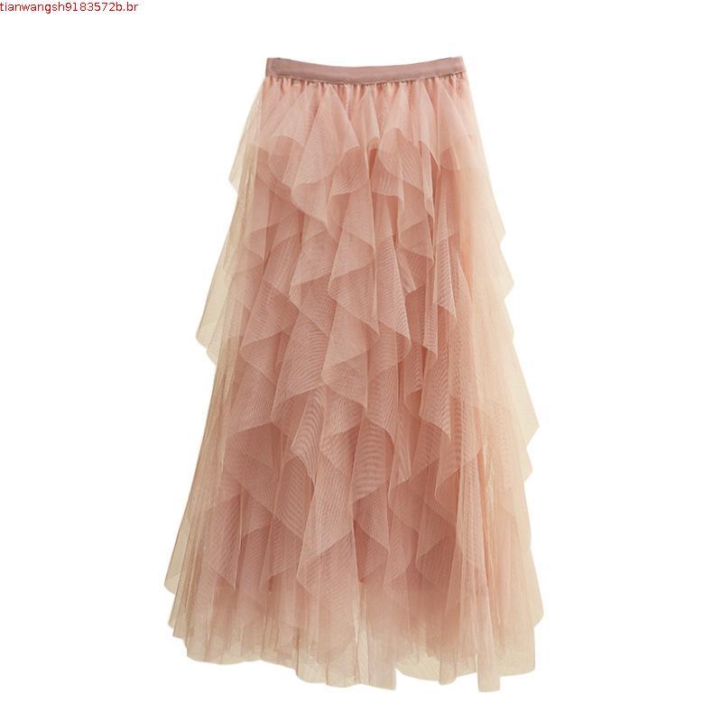 Qooth Women Tulle Cake Saia De Malha Elegante Elástica De Cintura Fada Longa Linha A Tutu Para Primavera Verão QT2138