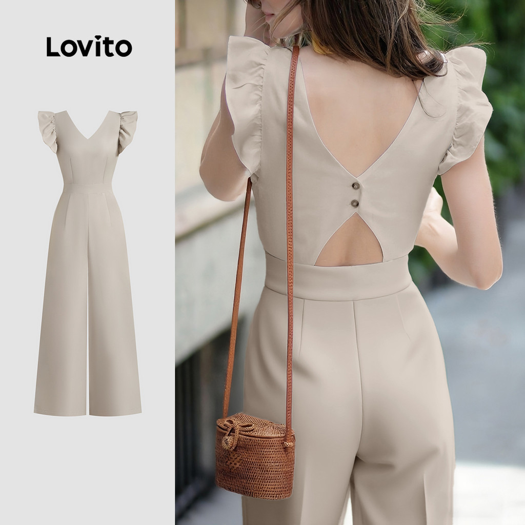 Lovito Macacão Casual com Babados  Botões Nas Costas  Sem Mangas  Primavera/verão  Caqui  para Mulheres L142ED099 em Oferta na Shopee