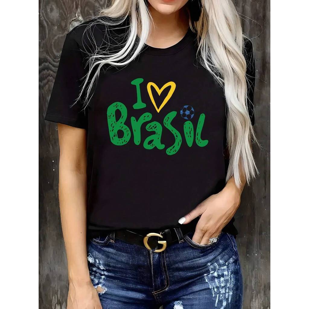 CAMISETA T-shirt de Manga Curta Casual de Mulher com Gola Redonda | Tema de Futebol do Brasil