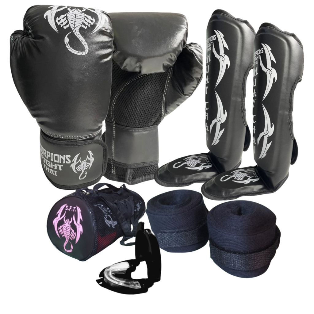Kit Boxe Muay Thai Kickboxing Luva+caneleira+bucal+bandagem+bolsa Kit Boxe Muay Thai Kickboxing Luva+caneleira+bucal+bandagem+bolsa