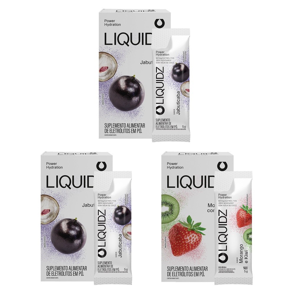 LIQUIDZ® - Eletrólitos Zero Açúcares - Jabuticaba | Morango - Kit 3 Caixas 18 sachês