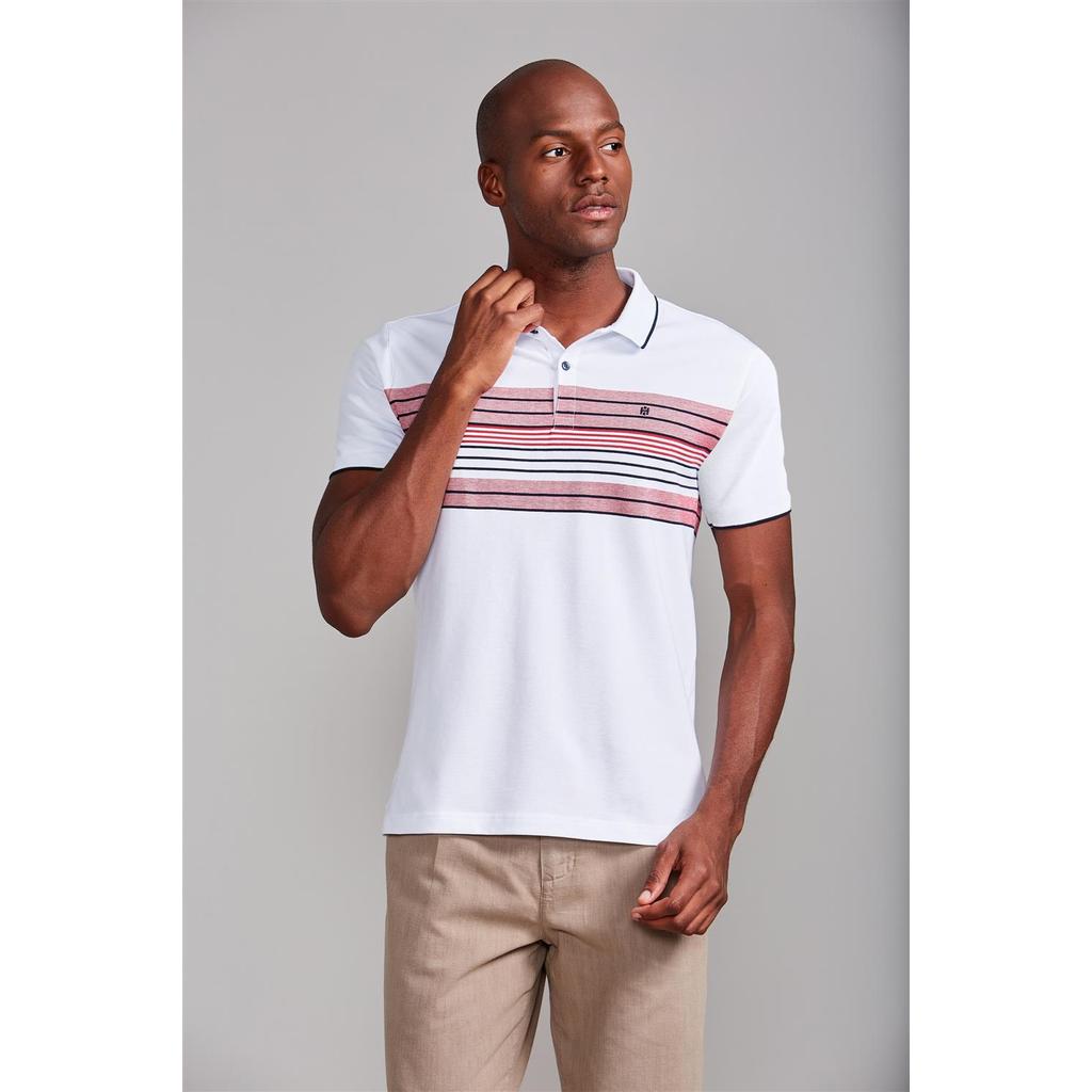 Camisa Polo Piquet Comfort - Branco / Azul Marinho