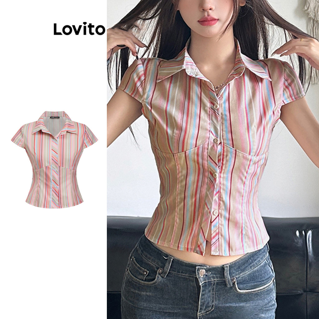 Lovito Blusa Casual Arco-Íris Listra Estrutura Linha Padrão Blusa Para Mulheres L109MD189 em Oferta na Shopee