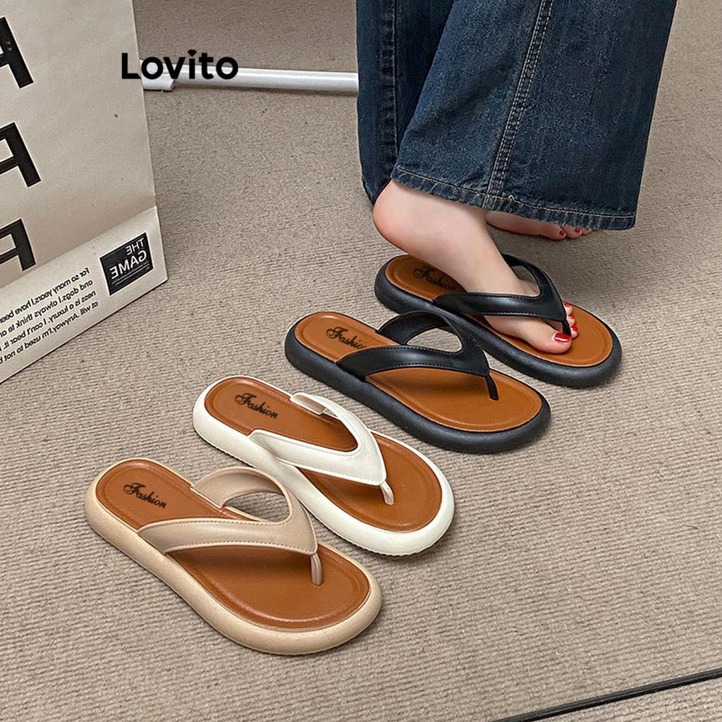 Lovito Casual liso Colorblock antiderrapante usar fora da sandália plana para mulheres LFA70158 em Oferta na Shopee