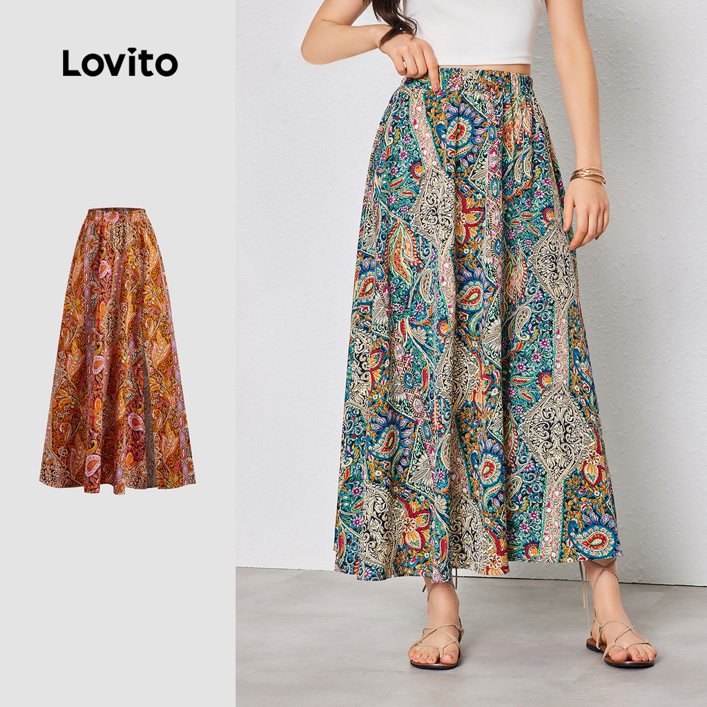 Lovito Saia Casual Feminina Saia Tropical Drapeada Verão/primavera LBL08213 em Oferta na Shopee