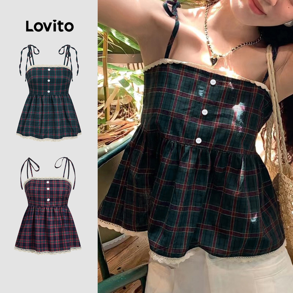 Lovito Top Casual Xadrez Com Babados E Gola Com Cadarço E Botão Regata De Verão Para Mulheres L104ED086 em Oferta na Shopee