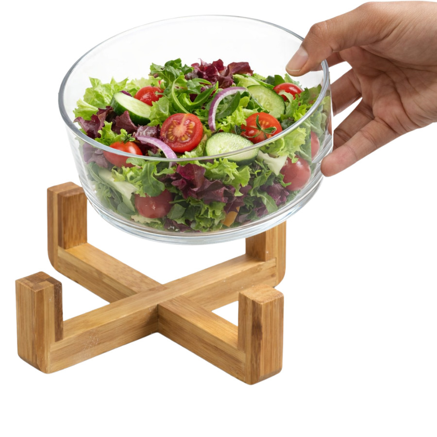 Saladeira De Vidro C/ Suporte De Madeira Bowl Sobremesa Tigela Mesa Cozinha 13cm