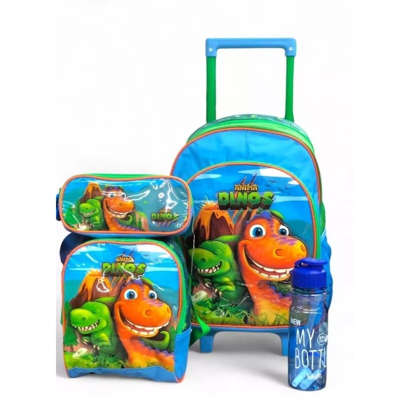 Kit Escolar Completo Meninos Mochila de Rodinha Lancheira Estojo Garrafinha Dinossauro - Nova Rio
