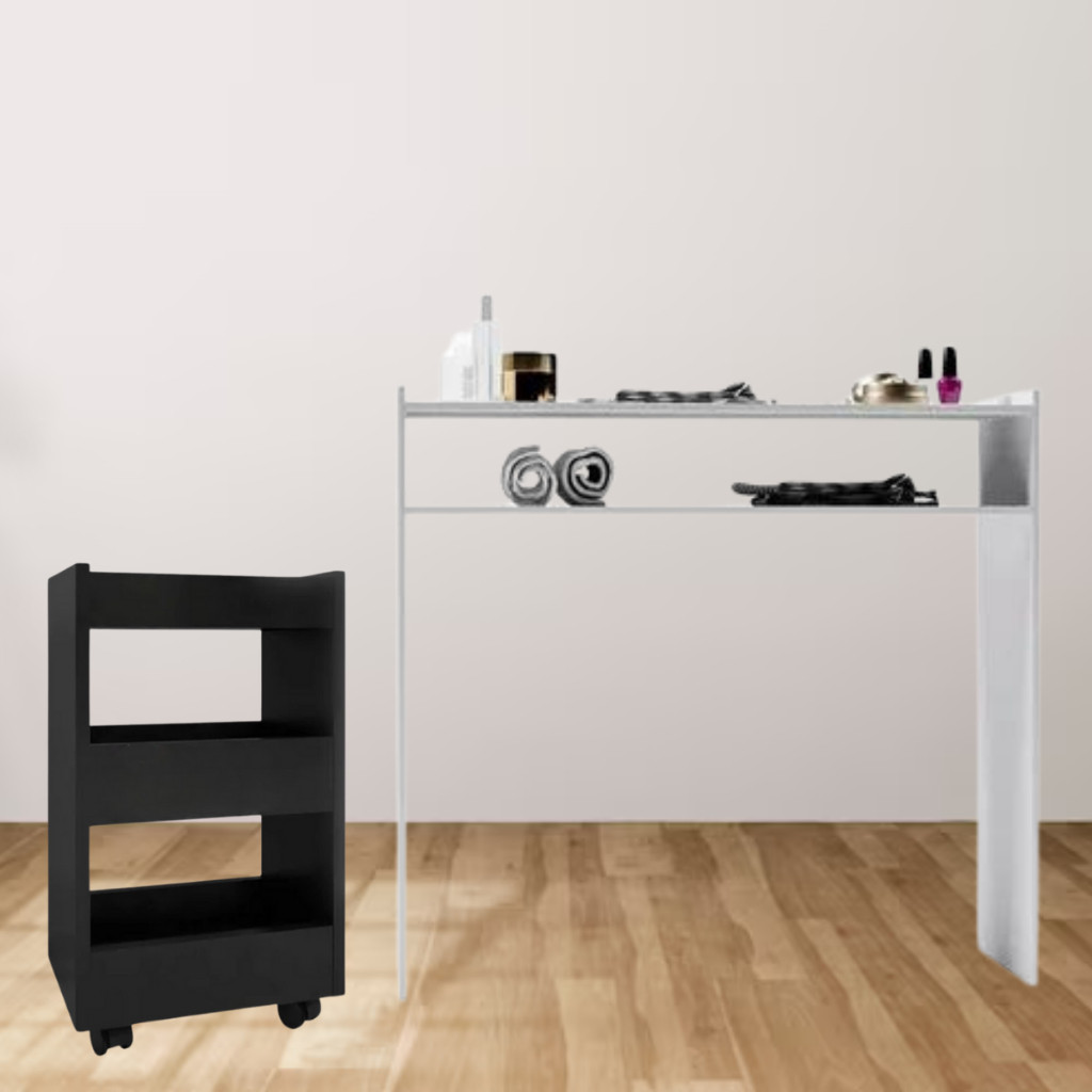 Kit Mesa Branca Com Prateleira e Carrinho Auxiliar Preto Com Rodinhas Para Manicure