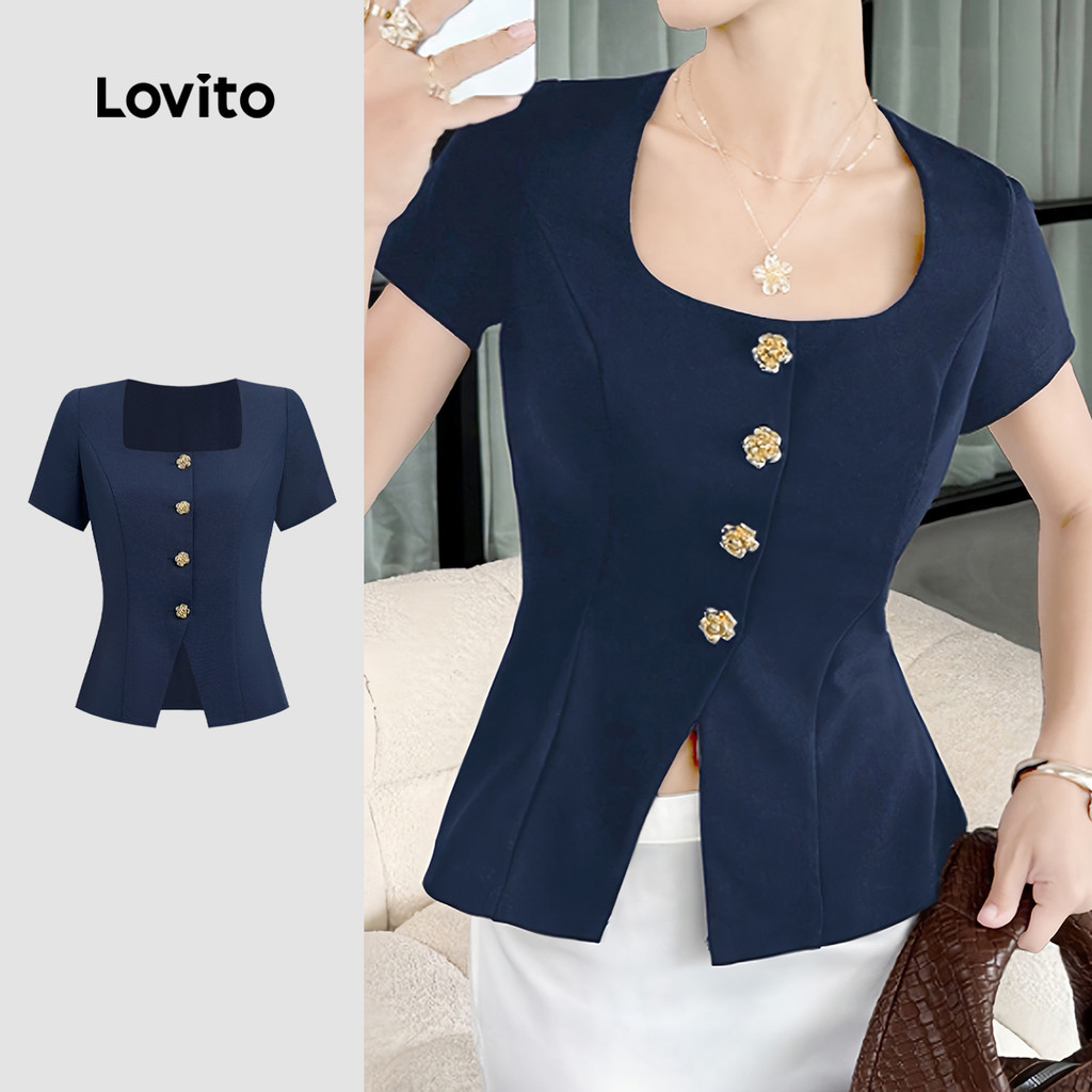 Lovito  Blusa Elegante Botão Dividida Blusa Azul Marinho para Mulheres L171AD028 em Oferta na Shopee
