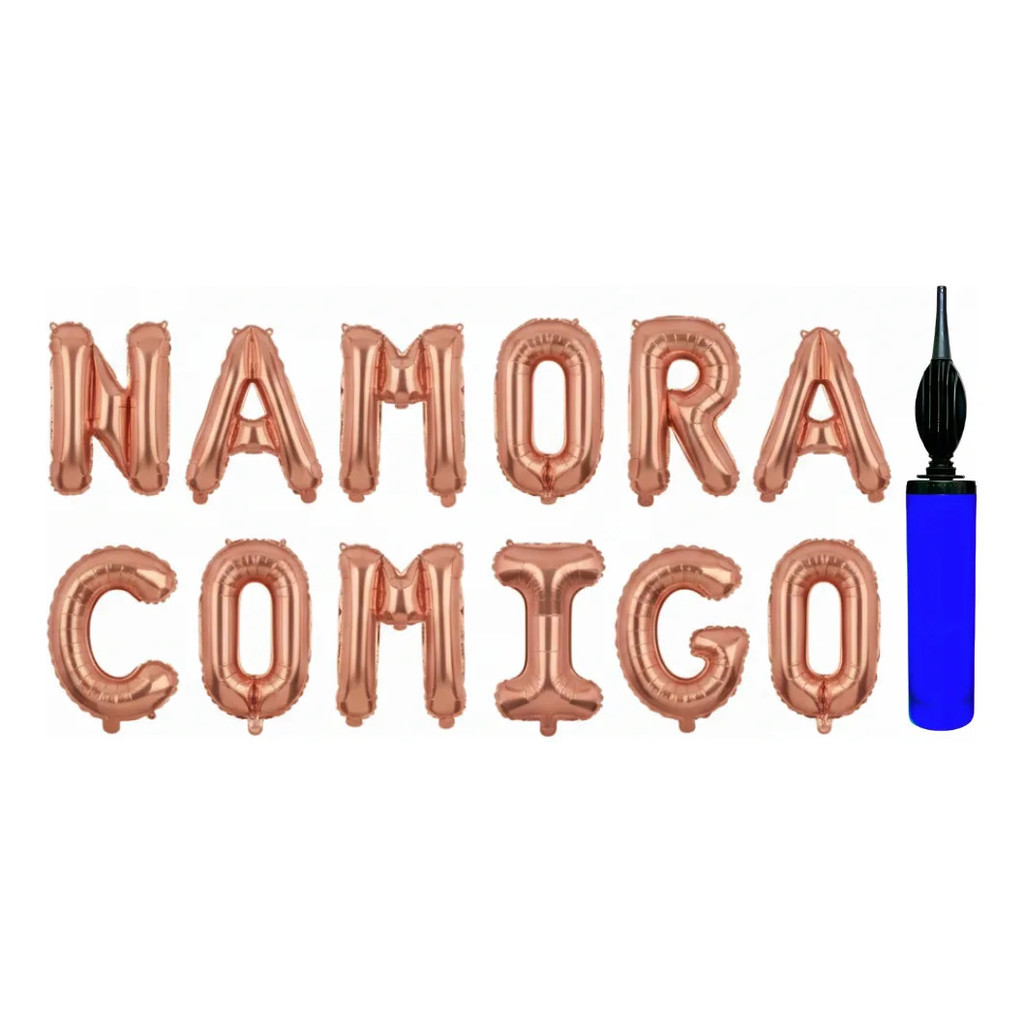 Kit Balão Metalizado Decoração Frase Namora Comigo Metalizado 40cm + Bomba Pedido Surpresa Paixão