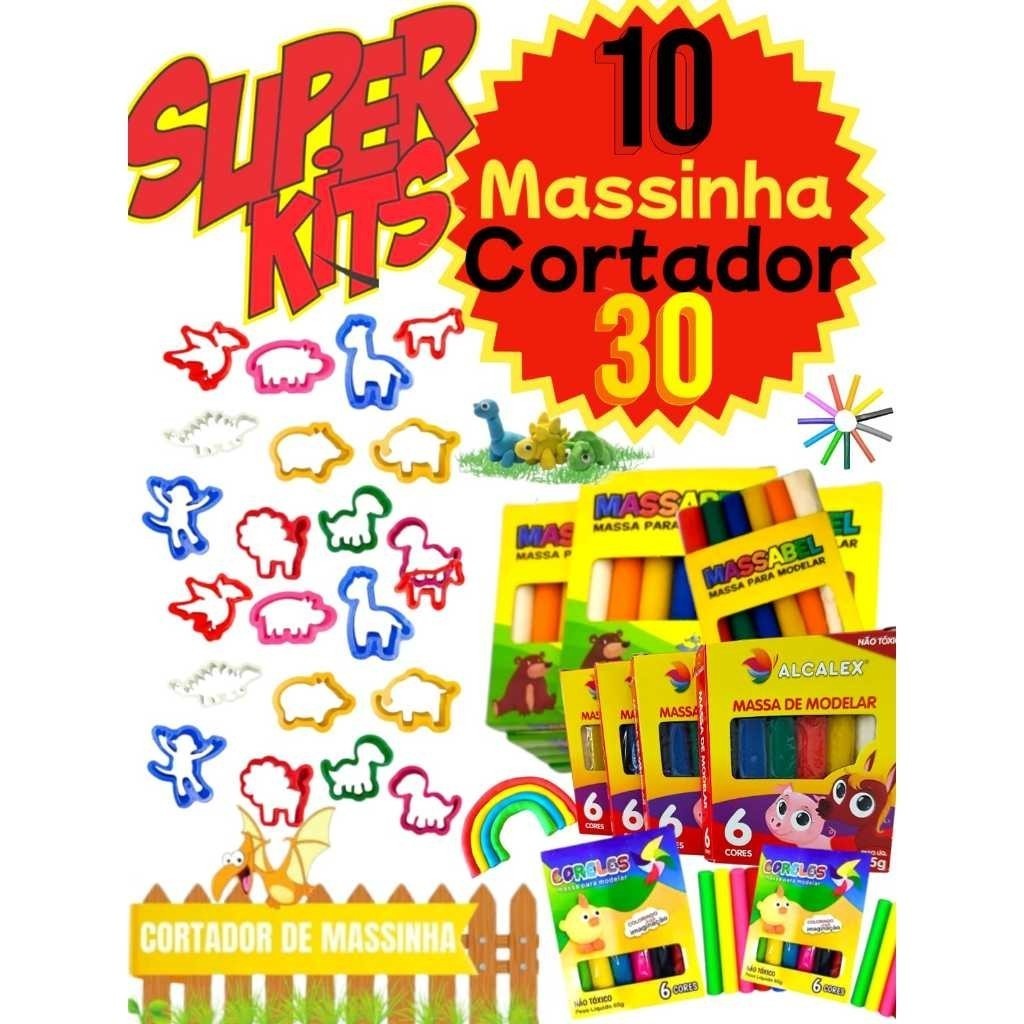 10 cx Massinha De Modelar 65g Alcalex + 30 Forminhas Cortador Moldes para Kit Festa Aniversario Lembrancinha Dino em Oferta na Shopee