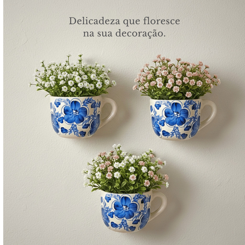 Floreira Parede Cerâmica Xícara Floral Azul | Vaso Decorativo Artesanal | Pronta para Pendurar em Oferta na Shopee