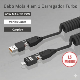 Cabo Mola 4 em 1 CarPlay Dados 65W PD 27W Turbo p/ Carro iPhone 12/13/15/16/17 Xiaomi Samsung em Oferta na Shopee