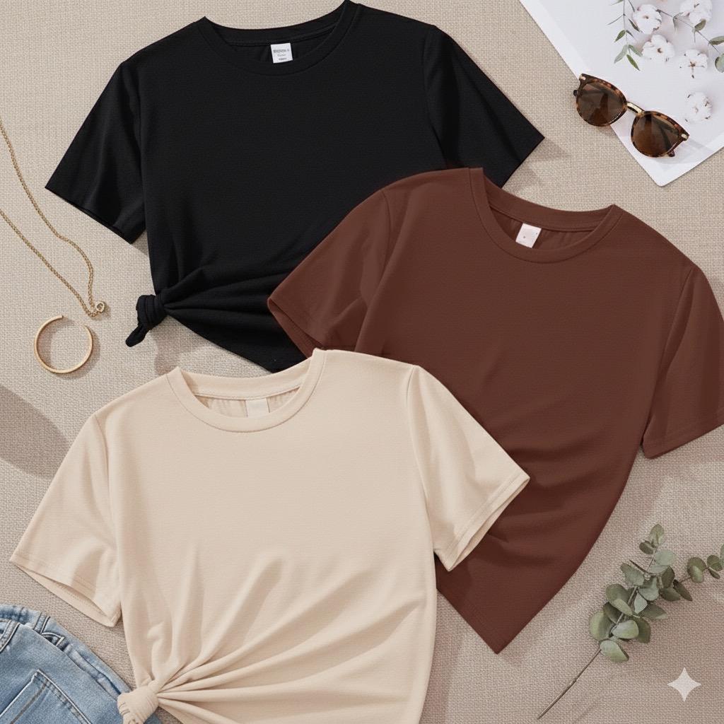 Kit 3 T-shirt Feminina Básica 100% Algodão Envio Imediato dia a dia