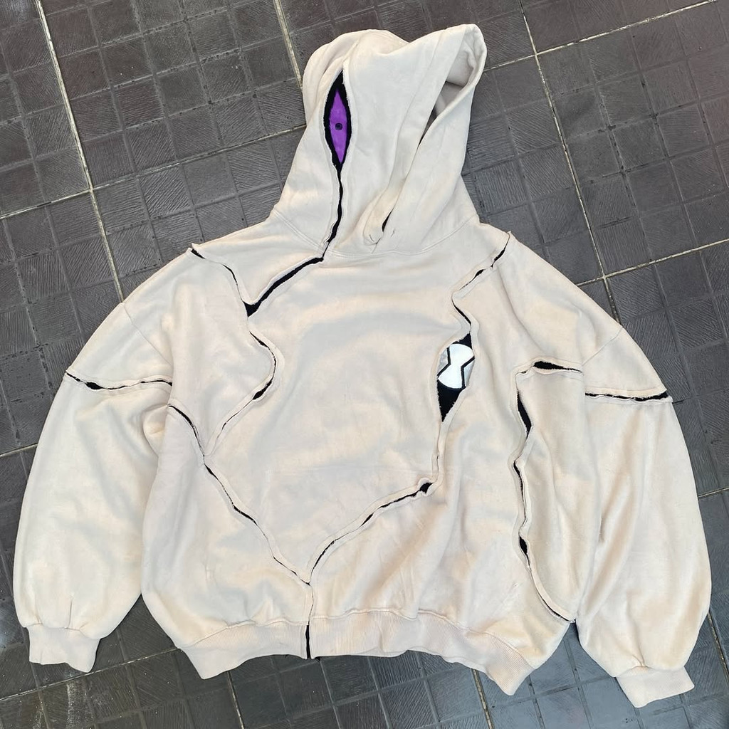Alien Zip Up Hoodie Raw Edge Patchwork Oversized Y2K Streetwear Long Sleeve Sweatshirt