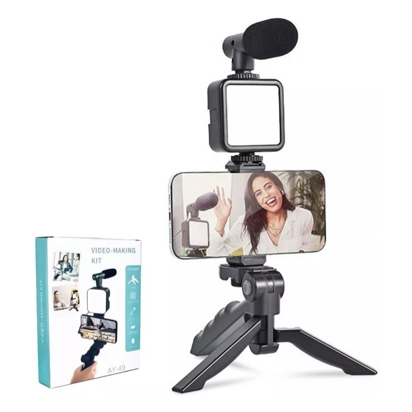 Kit para streaming de vlogs e microfone com luz de tripé Palo Selfies, cor preta AY-49