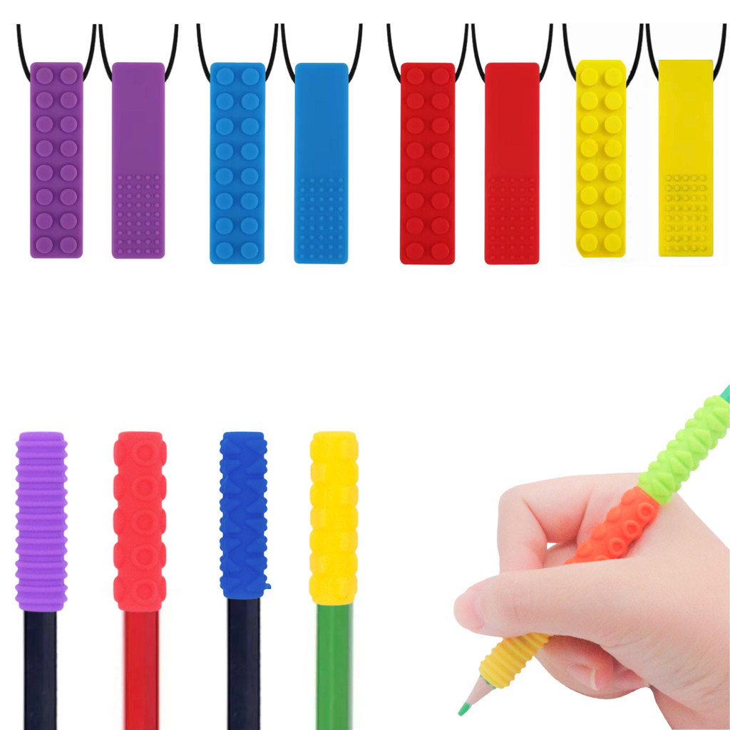 Colar Mordedor e Ponteira para Lápis Silicone Kit Sensorial para Ansiedade Autismo