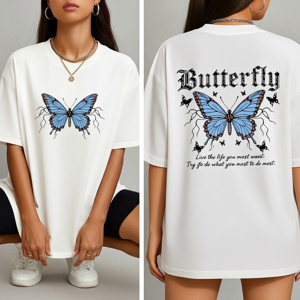 Camiseta Feminina Oversized Butterfly Borboleta Algodão Fio 30.1 Camisa Streetwear Aesthetic Varias Cores