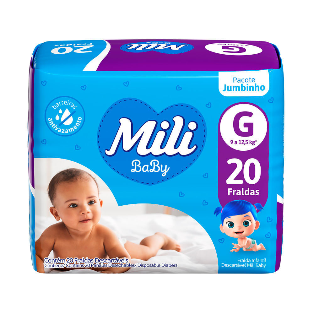 Fralda Mili Baby Tamanho G Pacote Jumbinho 20 Unidades Descartáveis em Oferta na Shopee