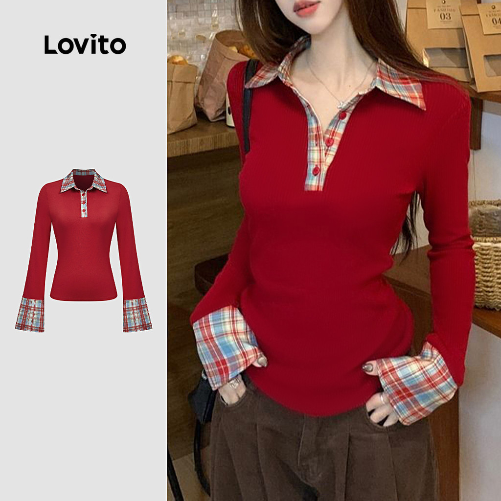 Lovito Camiseta Casual Vermelha Para Festa Com Botões E Costura Em Tecido Outono/inverno Para Mulheres L173AD128 em Oferta na Shopee
