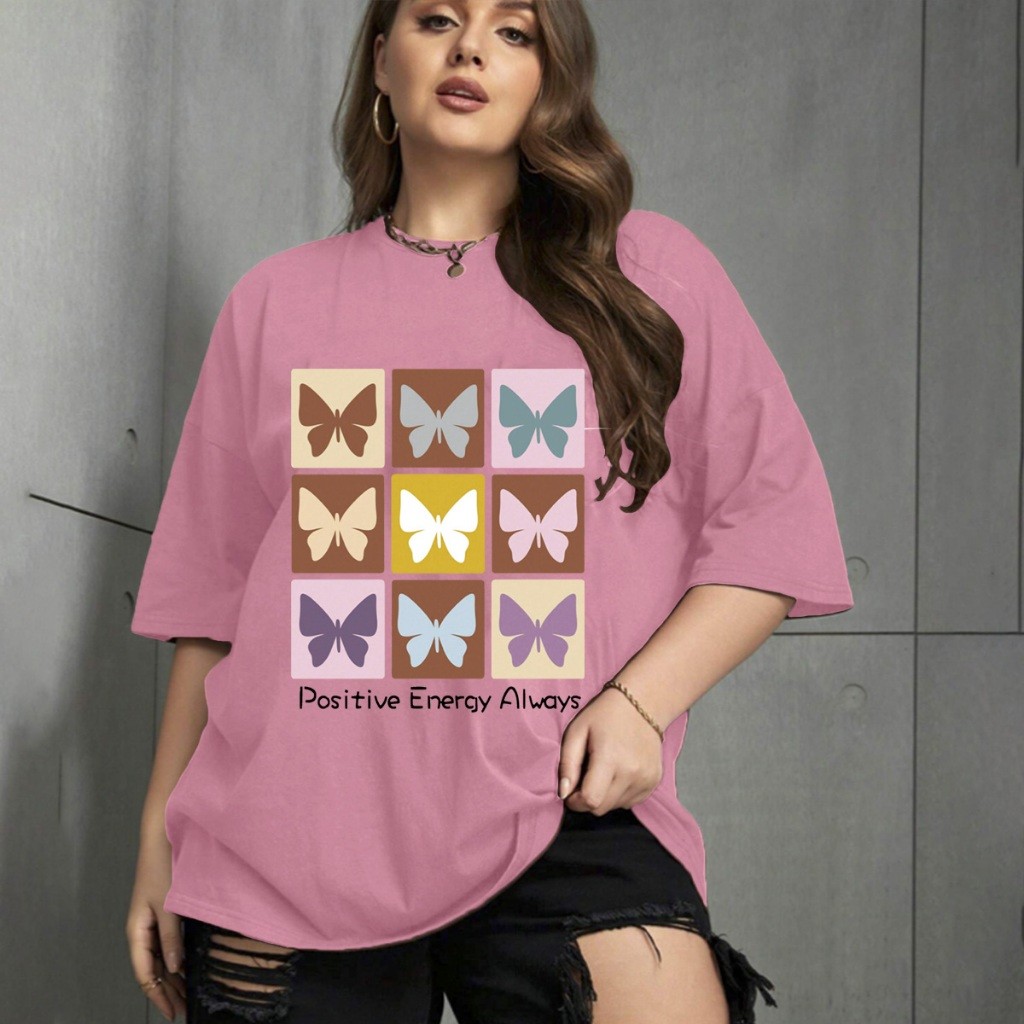 Camiseta Oversized Unissex Plus Size Confortavel Blogueira T-Shirt Estampada Borboletas Frase Posit