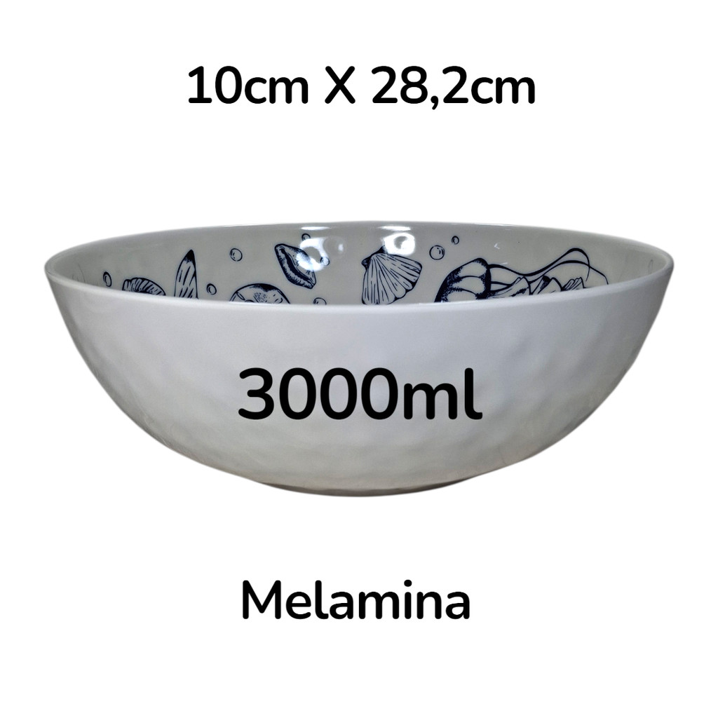 Tigela Bowl Grande 3L Fruteira Desenho Frutos do Mar Melamina Branca Azul Cumbuca Sala De Jantar