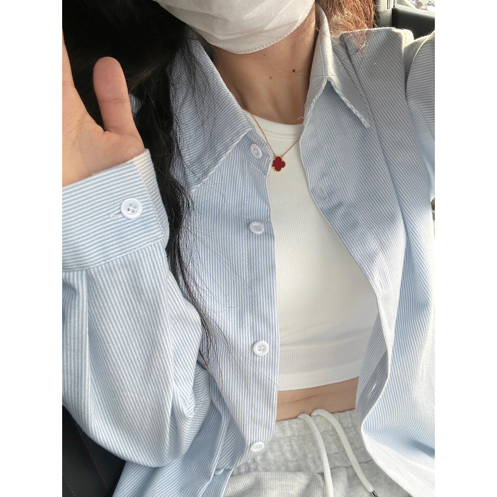 Azul branco contraste cor estilo preguiçoso camisa listrada feminina verão solto estilo coreano camisa de manga comprida