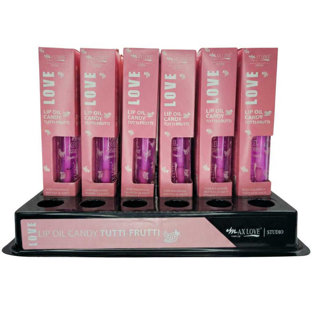 BOX C/ 36 LIP OIL CANDY TUTTI FRUTTI MAX LOVE — HIDRATAÇÃO INTENSA E BRILHO ESPELHADO