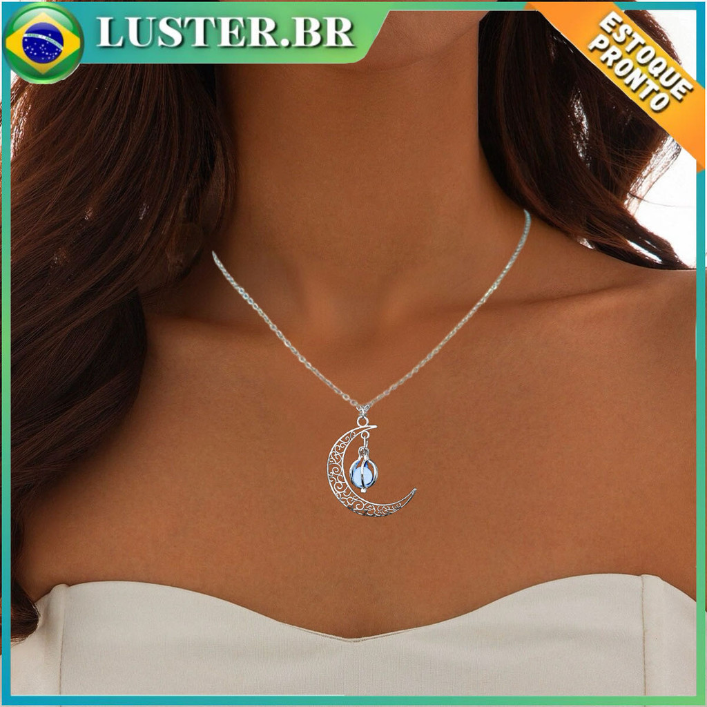 Colar Luminoso Lua Crescente Vintage Brilha no Escuro Pedra da Lua Presente para Mulheres