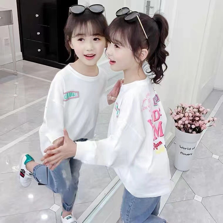 Algodão puro 2025 novo estilo outono meninas manga comprida camiseta infantil estilo ocidental camisa de fundo primavera