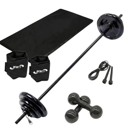 Imagem Kit Completo Body Pump C/barra E 10kg + Colchonete + Corda + Caneleira 2 kg + Halter 2 kg