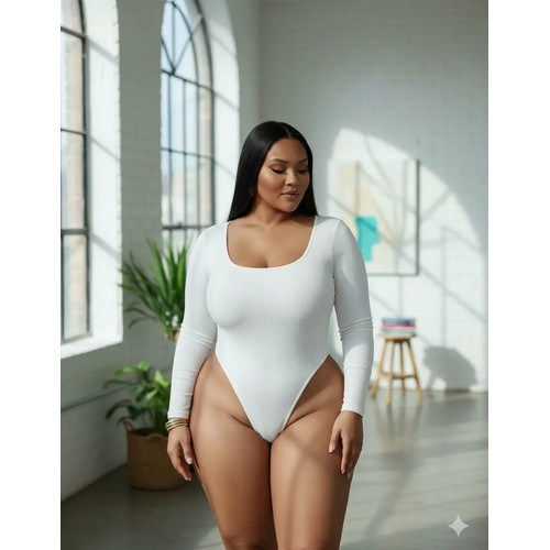 Body Cavado Com Manga Maio 2 Em 1 Clean Girl Plus Size Preto Canelado G4