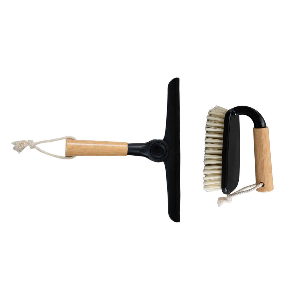 Kit Escova de Limpeza Multiuso com Cabo de Bambu E Rodo de Pia Dobrável com Cabo de Bambu Preto Oikos em Oferta na Shopee