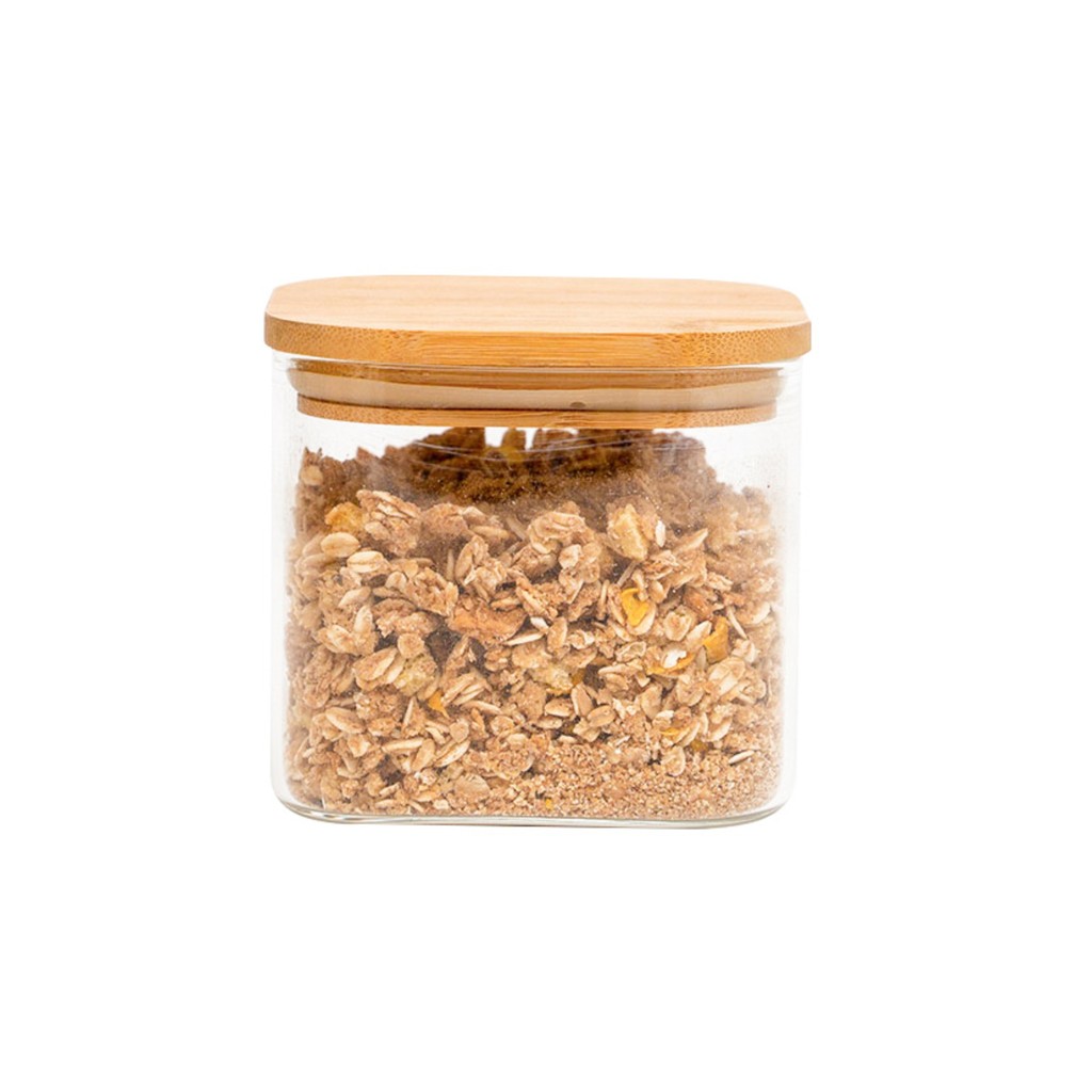 Pote de vidro 600ml com tampa de bambu hermético quadrado - Tüd em Oferta na Shopee