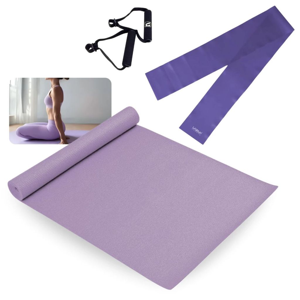 Kit Colchonete Lilas 1,73 M Pilates + Par de Pegador para Faixa + Faixa Elástica Tensão Média Yoga