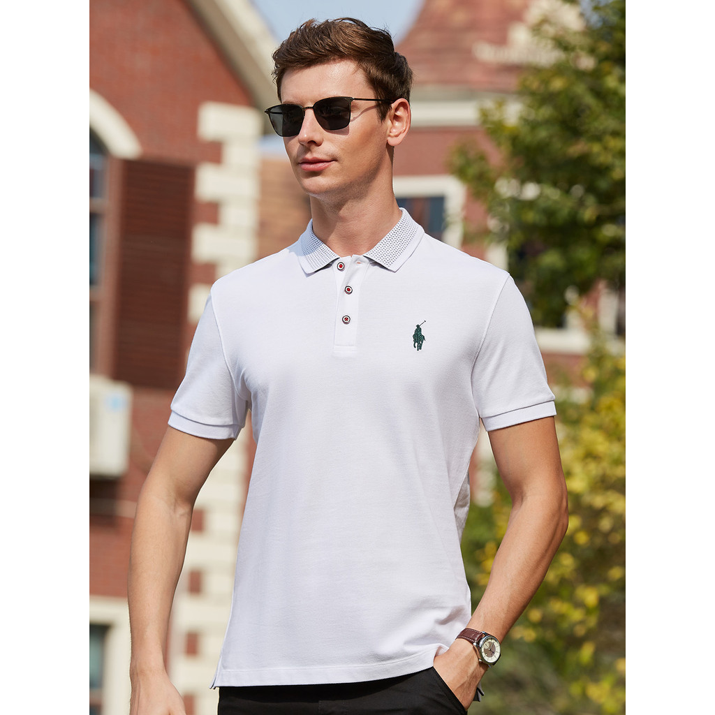 Contas de favo de mel clássico Polo bordado duas cores Jacquard não-deformação colar masculino clássico de manga curta P