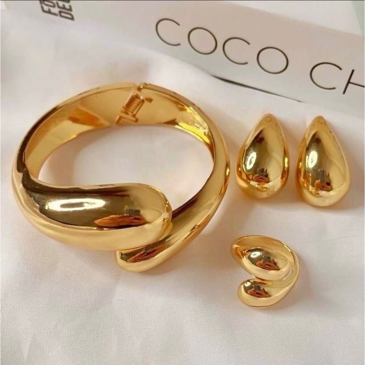 Conjunto Bracelete Brinco e Anel Gota Duplo Moda Luxo Duo Dourado Prata