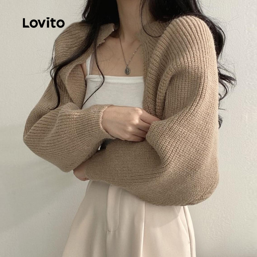 Lovito Casual Cardigã Feminino Liso de Malha Canelada LNL55041 em Oferta na Shopee