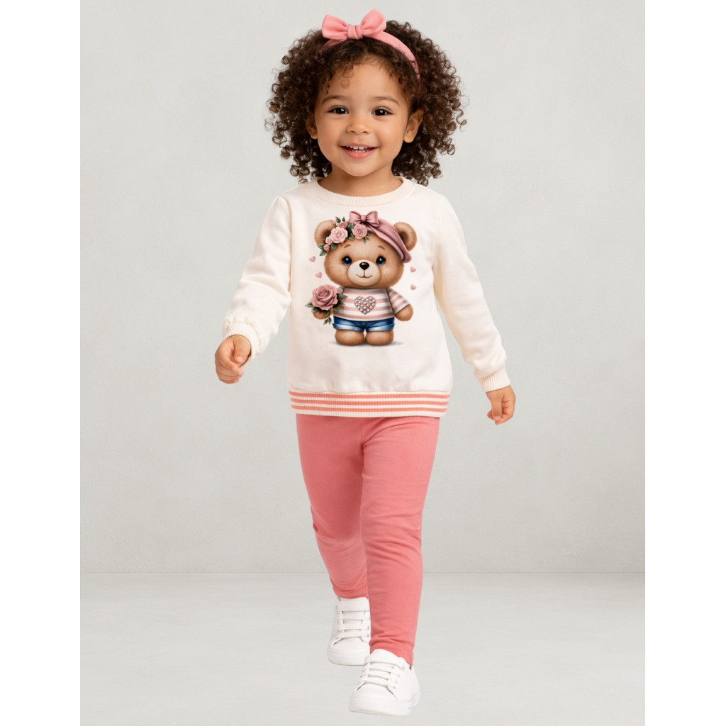 Conjunto Infantil Kyly Menina Casaco em Moletom Peluciado Desenhos Ursos e Legging em Cotton 1001534