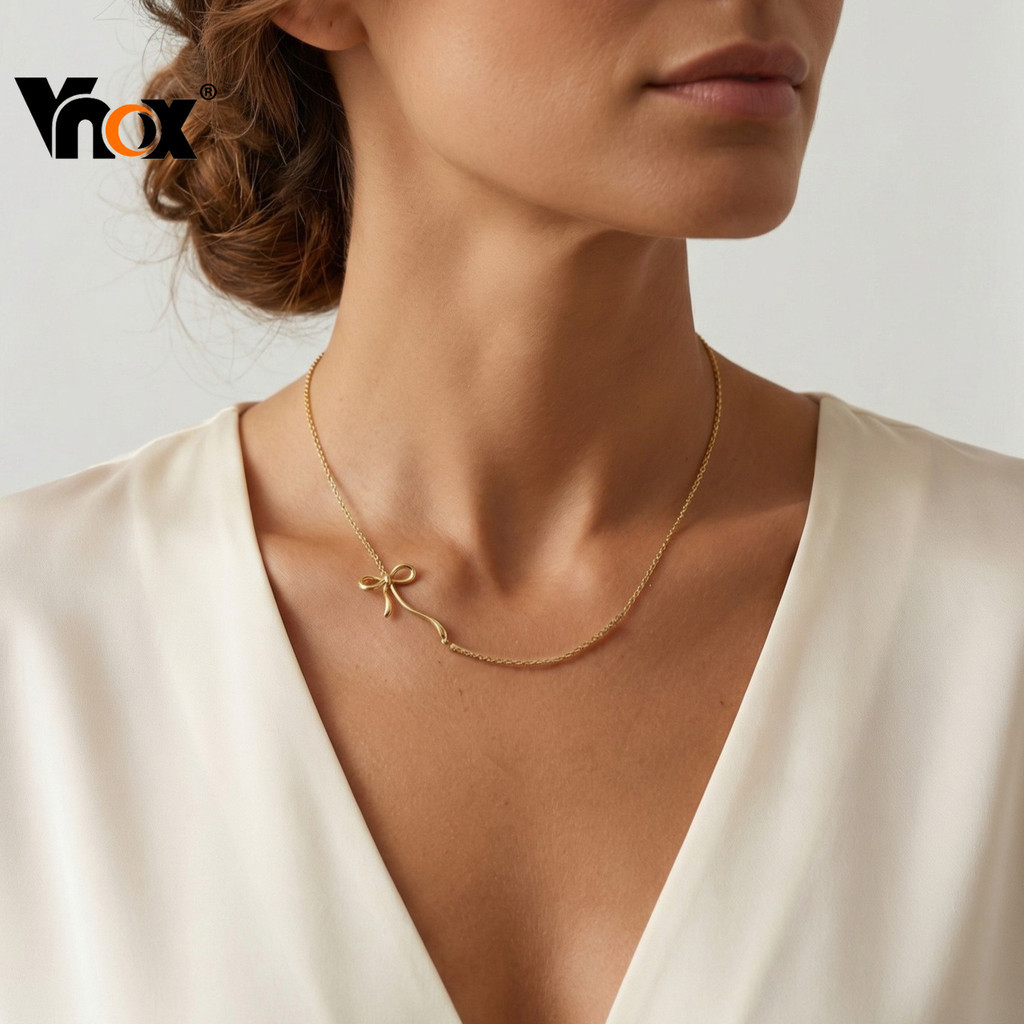 Colar Com Laço Lateral Vnox Para Mulheres E Meninas , Gargantilha Borboleta Em Ouro 18K Aço Inoxidável