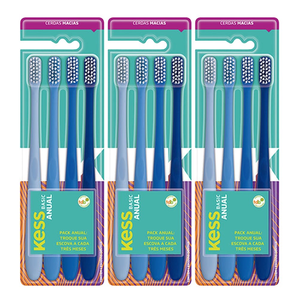 Kit 12 Escova de Dente Cerdas Macias Pack Anual Basic Kess Azul
