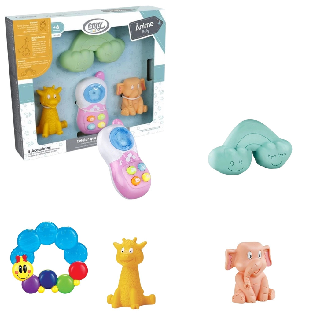 Kit Mordedor Lagarta Com Água Para Alívio Da Dentição Do Bebê Conjunto De Brinquedos Vinil + Celular Musical Interativo