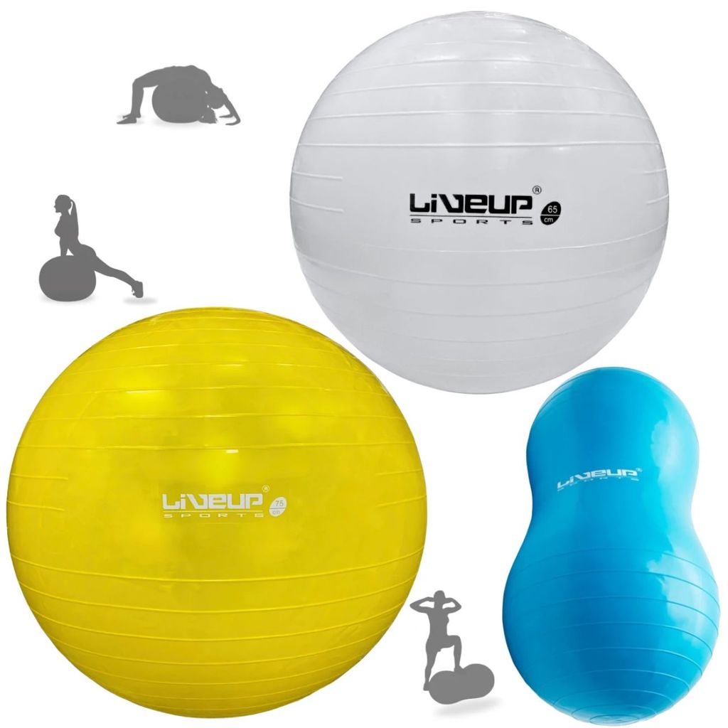 Kit Bolas Suíças 65cm Branca + 75cm Amarela + Bola Feijão 90cm Exercícios Pilates Yoga