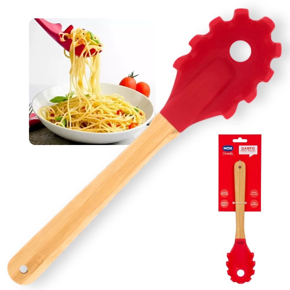 Utensílio Cozinha Garfo Silicone 240°c Cabo em Bambu Mor Antiaderente