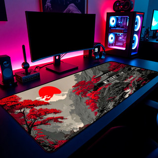 Mouse Pad Gamer Paisagem Japonesa Sol Vermelho Arvores 65x30cm 80x40cm 90x50cm 120x60cm Borda Costurada