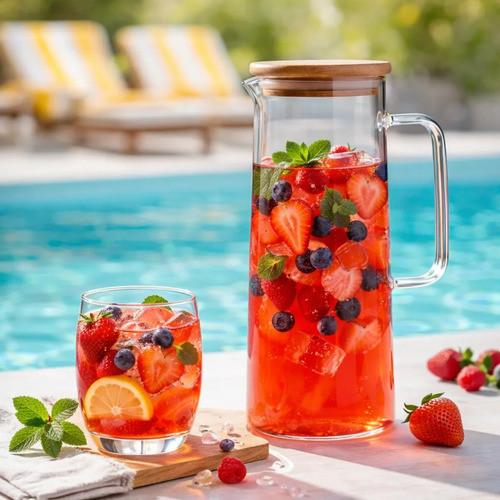 Jarra De Vidro Borossilicato Com Tampa Bambu 1,5l Suco, Agua Transparente, Suco